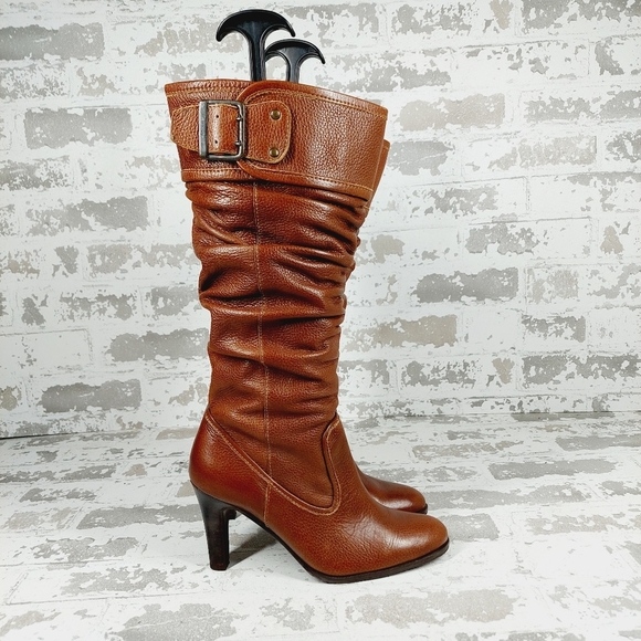 Boutique Brown Buckle Almond Toe Fall Knee High Slouch Heeled Boots C390 - Picture 5 of 14